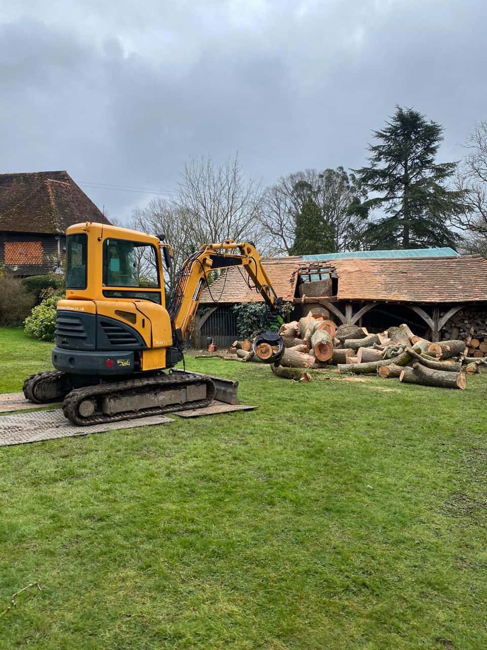 This is a photo of a tree which has grown through the roof of a barn that is being cut down and removed. There is a digger that is removing sections of the tree as well. Stapleford Tree Surgeons